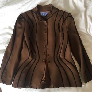 Thierry Mugler Blazer Brown Curved Black Piping Detail